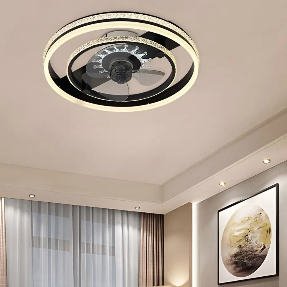 20 Inch Circular LED Modern Flush Mount Ceiling Fan Lamp - Black - Lighting > lights Fans