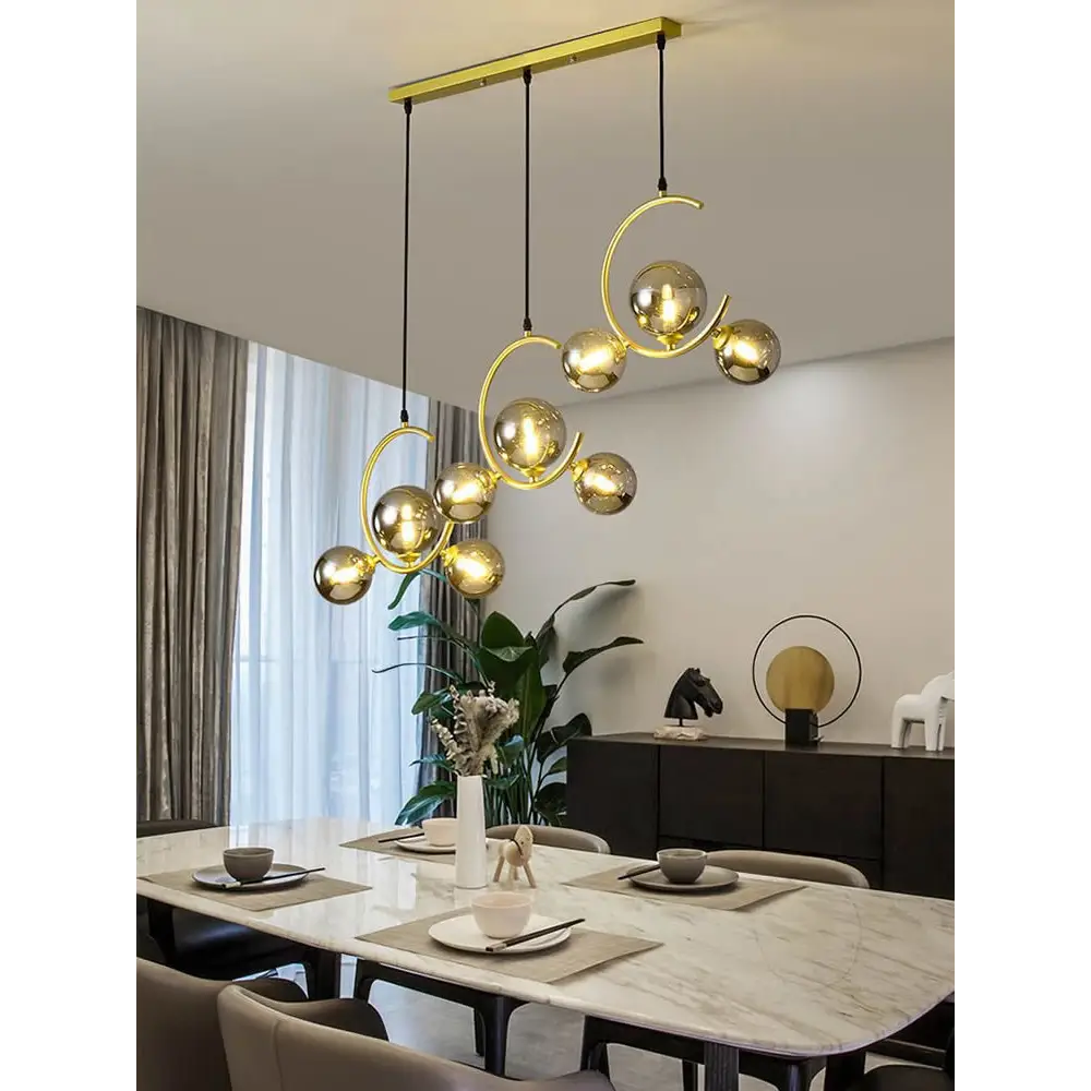 Artsy Iron Ball - Shaped Chandelier for Dining Living - Horizontal 3Head / Milky Gold