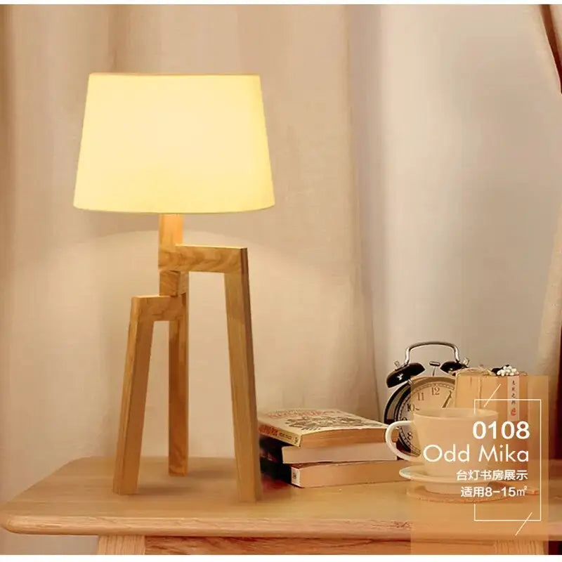 Beige Wooden Tripod Floor Lamp for Bedroom Living Bedside