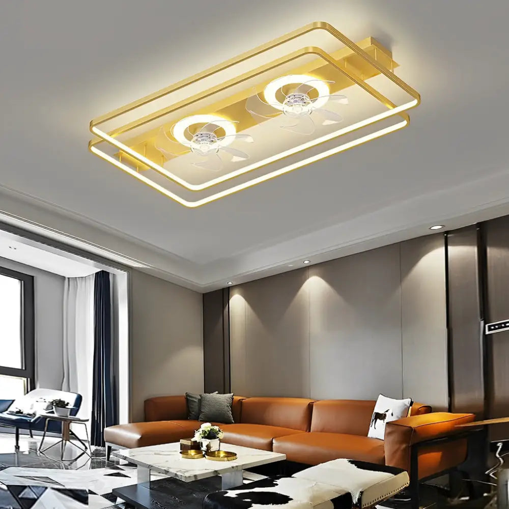 Creative Rectangular Bladeless Ceiling Fan Light with 2 Fans - Gold