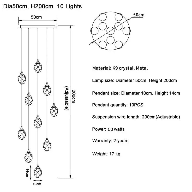 Diamond Crystal Ball Chandelier for Staircase Living Room - Dia50cm 10 lights / Gold