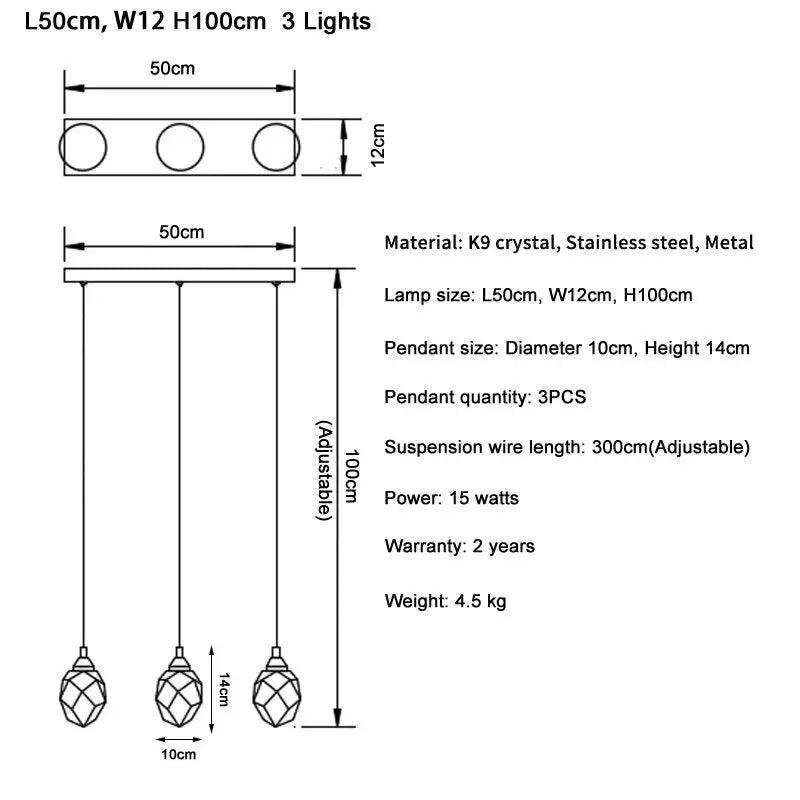 Diamond Crystal Ball Chandelier for Staircase Living Room - L50W12cm 3 lights / Gold