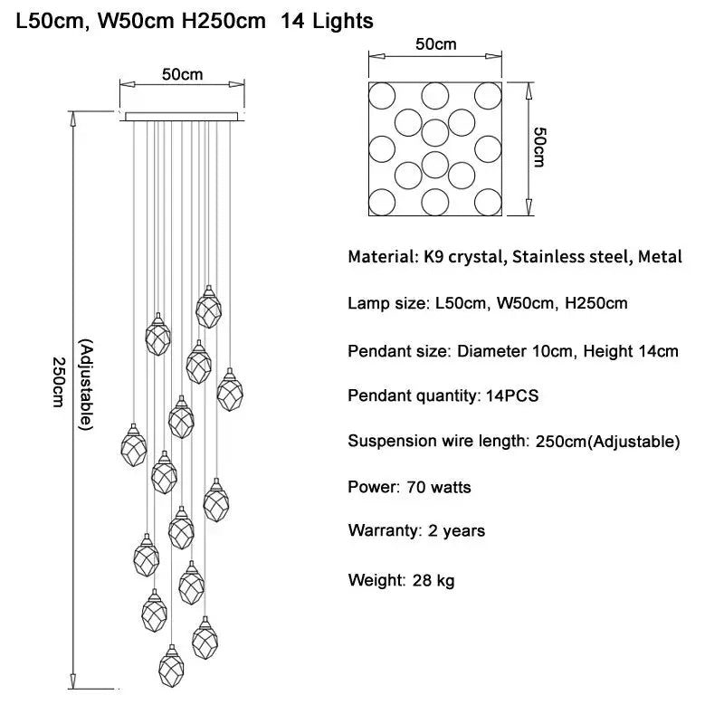 Diamond Crystal Ball Chandelier for Staircase Living Room - L50W50cm14 lights / Gold