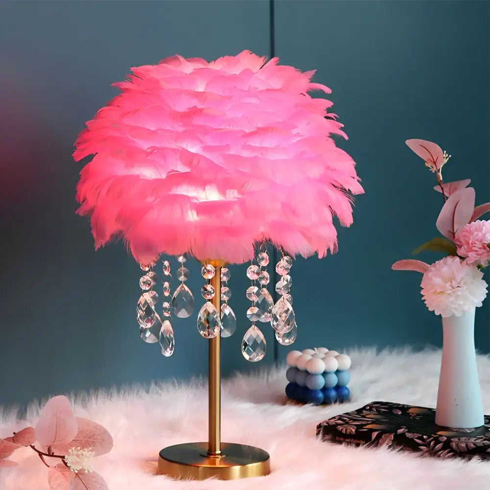 Fluffy Goose Feather Table Lamp With Crystal Tassels - Pink