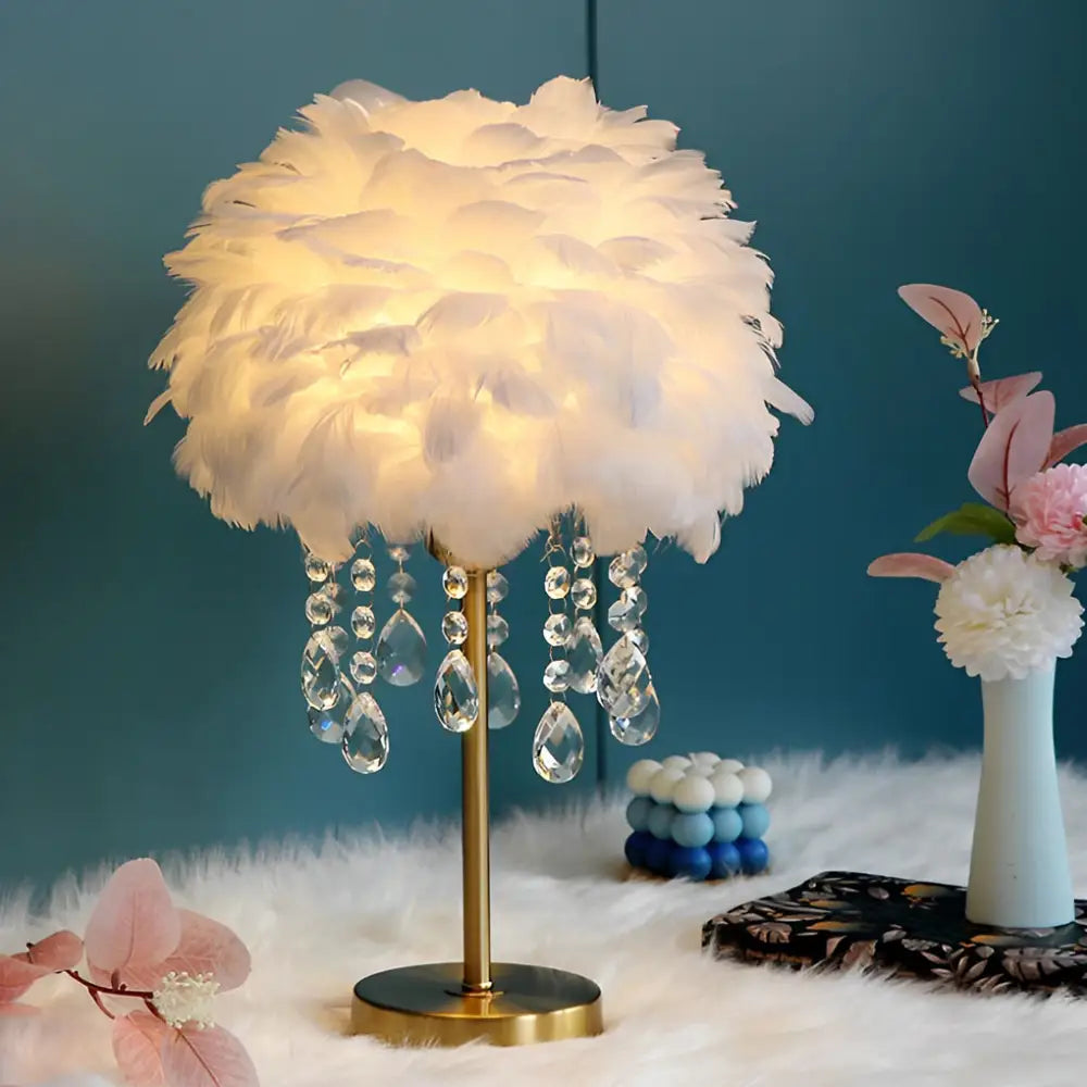 Fluffy Goose Feather Table Lamp With Crystal Tassels - White