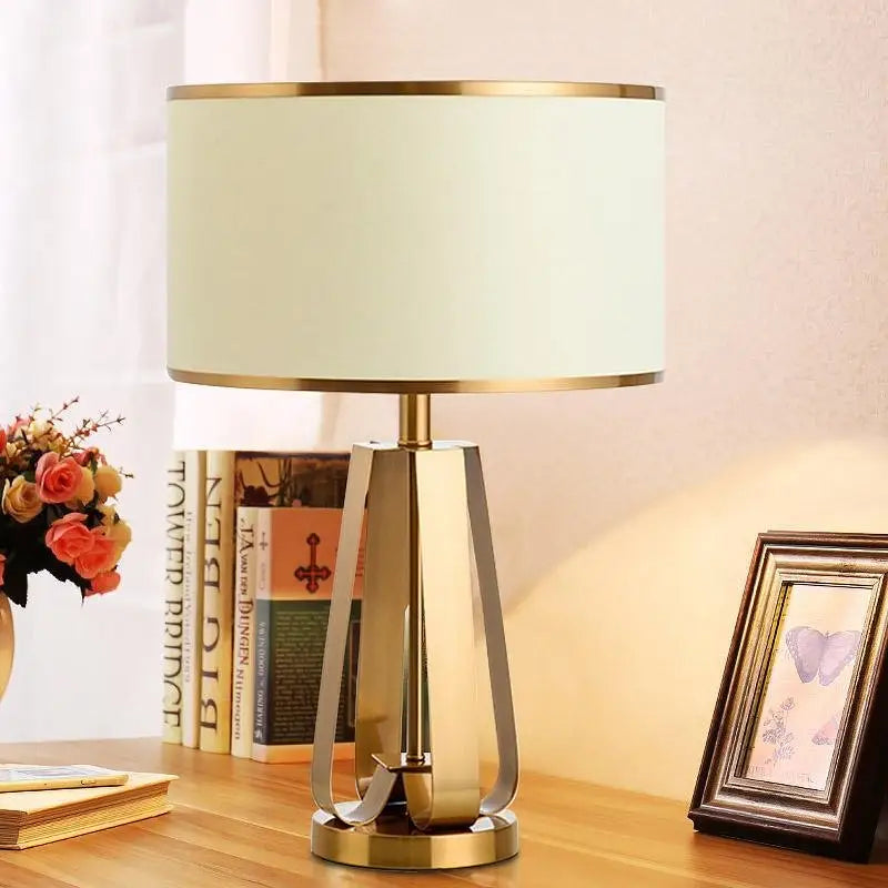 Gold Geometric Base Drum Linen Shade Table Lamp - In-line Lighting > & Floor Lamps