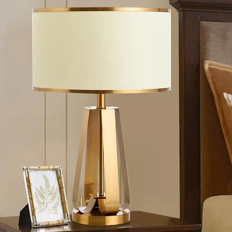 Gold Geometric Base Drum Linen Shade Table Lamp - Remote Control Lighting > & Floor Lamps