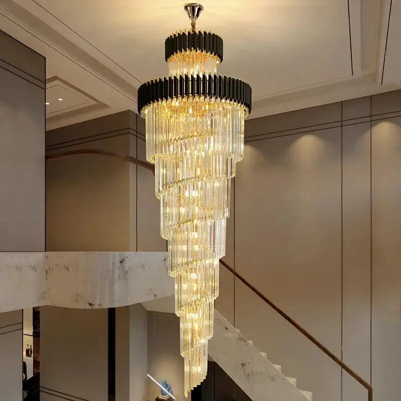 Long Black Luxury Crystal Chandelier for Staircase Lobby Living - Dia50xH150CM / NON dimm