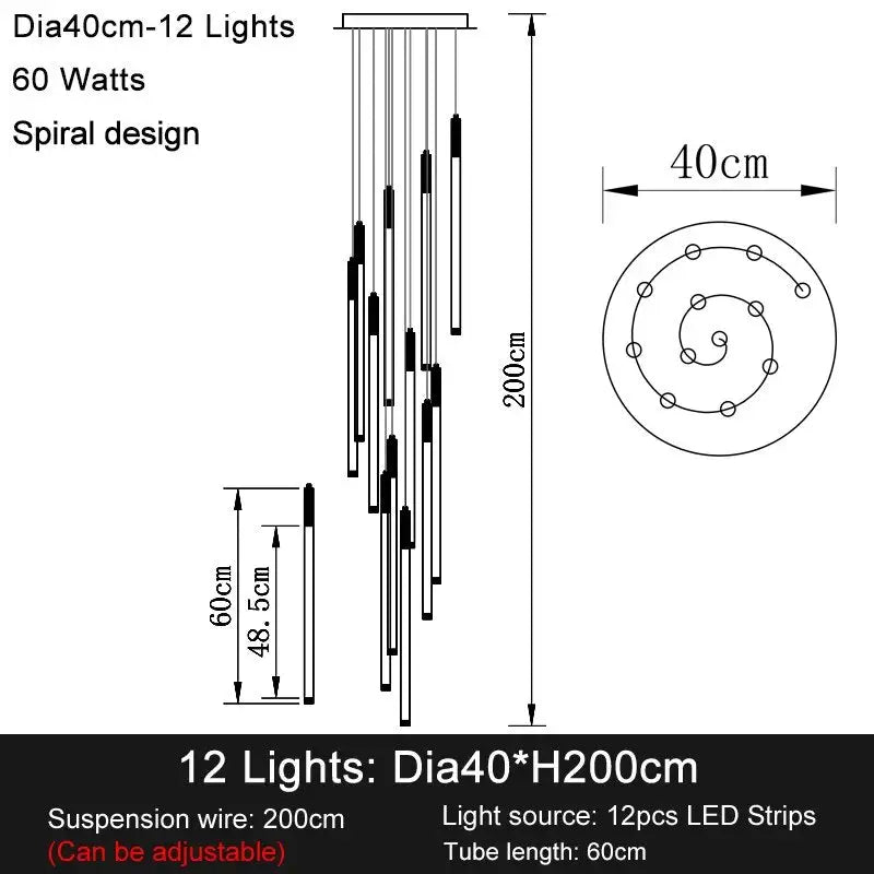 Long Led Strip Spiral Chandelier for Staircase,Lobby,Foyer - Dia40cm 12 lights / Gold NON