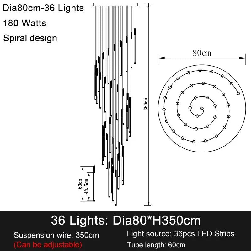 Long Led Strip Spiral Chandelier for Staircase,Lobby,Foyer - Dia80cm 36 lights / Gold NON