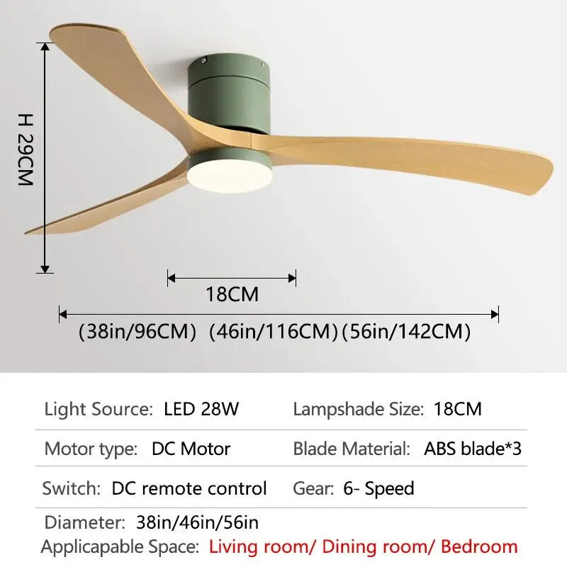 Low Floor DC Motor Ceiling Fan with Light for Bedroom,Restaurant - Green-wood grain