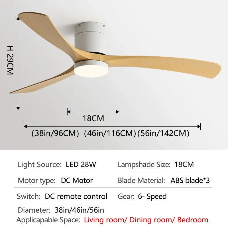 Low Floor DC Motor Ceiling Fan with Light for Bedroom,Restaurant - White-wood grain