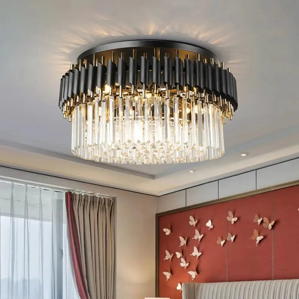 Luxury Black Crystal Round Ceiling Chandelier for Living Bedroom