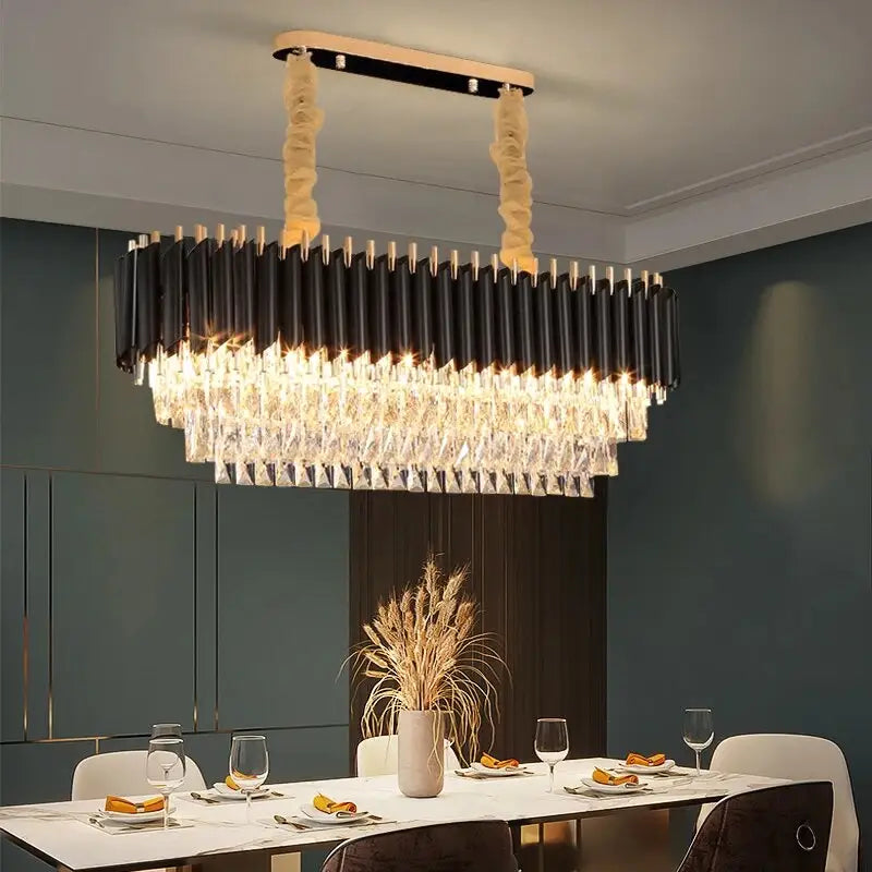 Luxury Black Rectangle Crystal Chandelier for Dining Kitchen