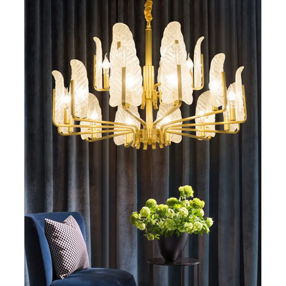 Luxury Brass Chandelier with Frosted Glass Leaves - 15 Lights Home & Garden > Lighting