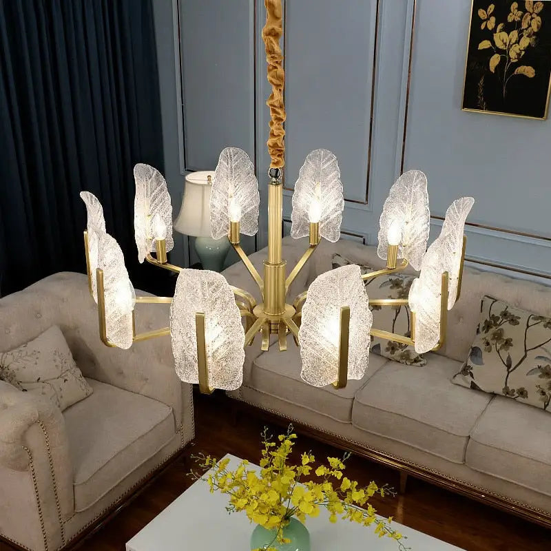 Luxury Brass Chandelier with Frosted Glass Leaves - Home & Garden > Lighting Fixtures