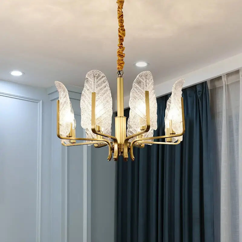 Luxury Brass Chandelier with Frosted Glass Leaves - Home & Garden > Lighting Fixtures
