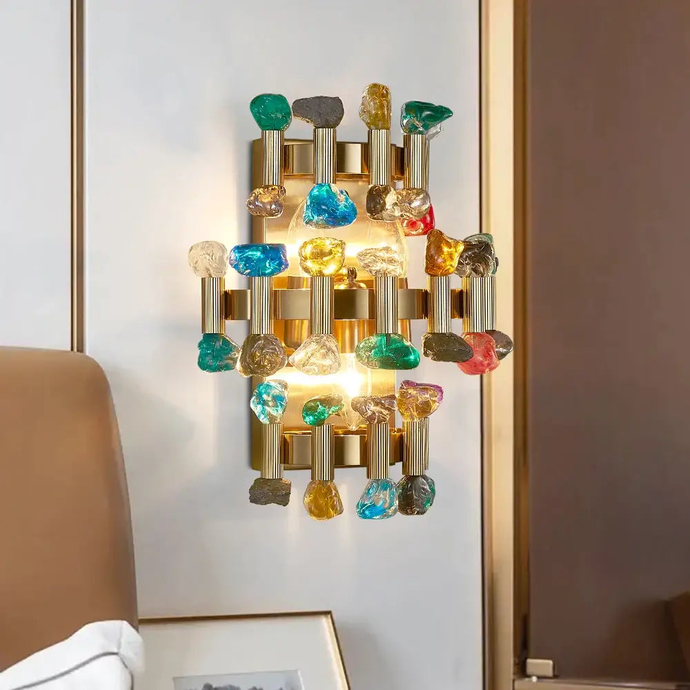 Luxury Brushed Gold Colorful Crystal Wall Sconce for Bedroom - Home & Garden > Lighting