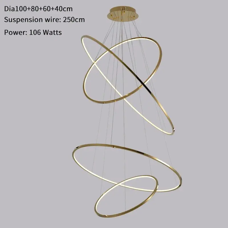 Luxury Gold Hanging Ring Chandelier for Staircase Living Hall - 100x80x60x40cm / Dimmable