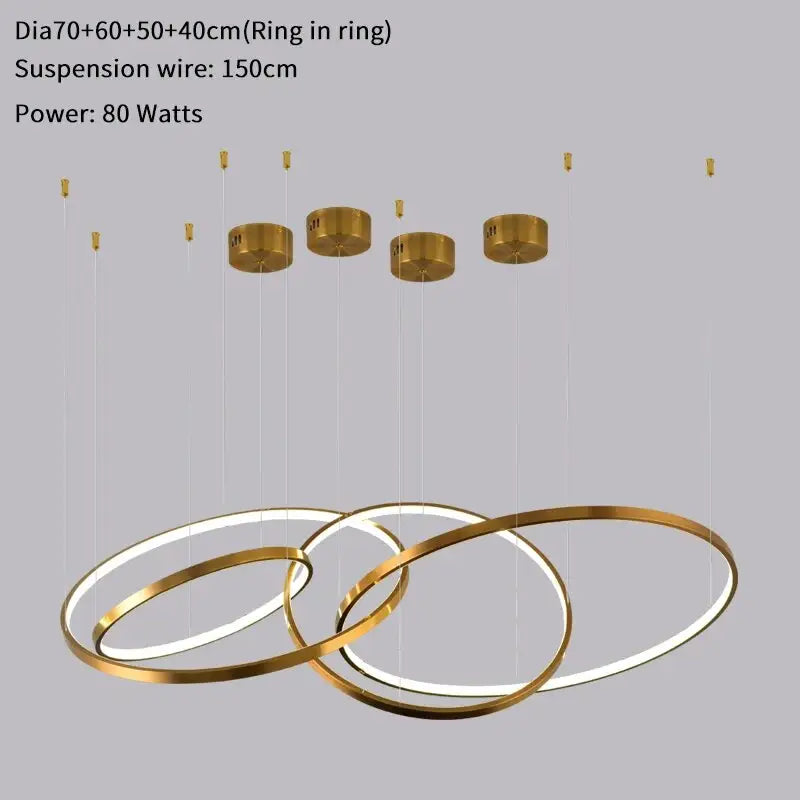 Luxury Gold Hanging Ring Chandelier for Staircase Living Hall - 70x60x50x40cm / Dimmable
