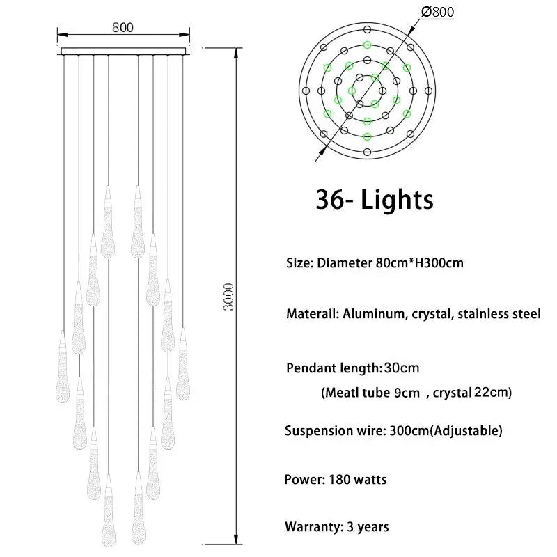 Luxury Long Gold Crystal Spiral Chandelier for Staircase Living - 36 lights(Freely) / NON