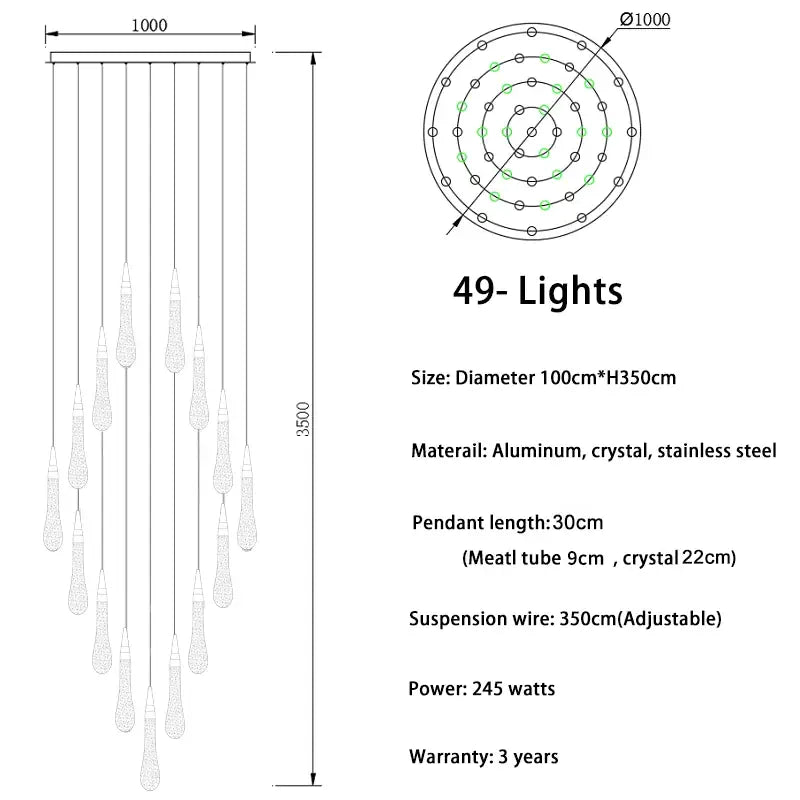 Luxury Long Gold Crystal Spiral Chandelier for Staircase Living - 49 lights / NON dimm