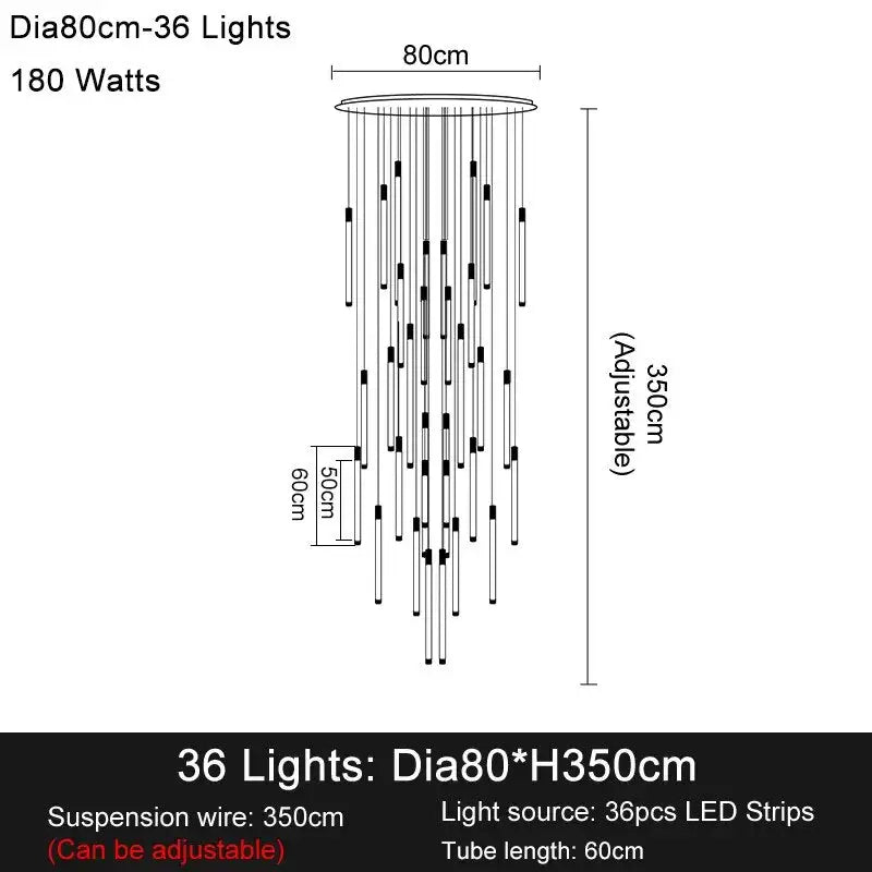 Luxury Long Led Strip Chandelier for Staircase Living Foyer - Dia80cm 36 lights / Gold