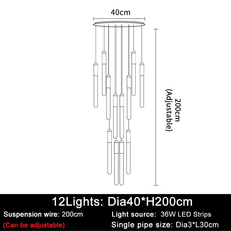 Luxury Long LED Strips Chandelier for Staircase Lobby - Dia40 H200cm / Gold NON dimm warm