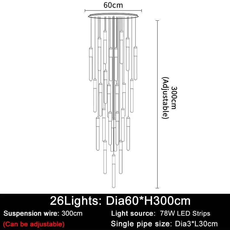 Luxury Long LED Strips Chandelier for Staircase Lobby - Dia60 H300cm / Gold NON dimm warm