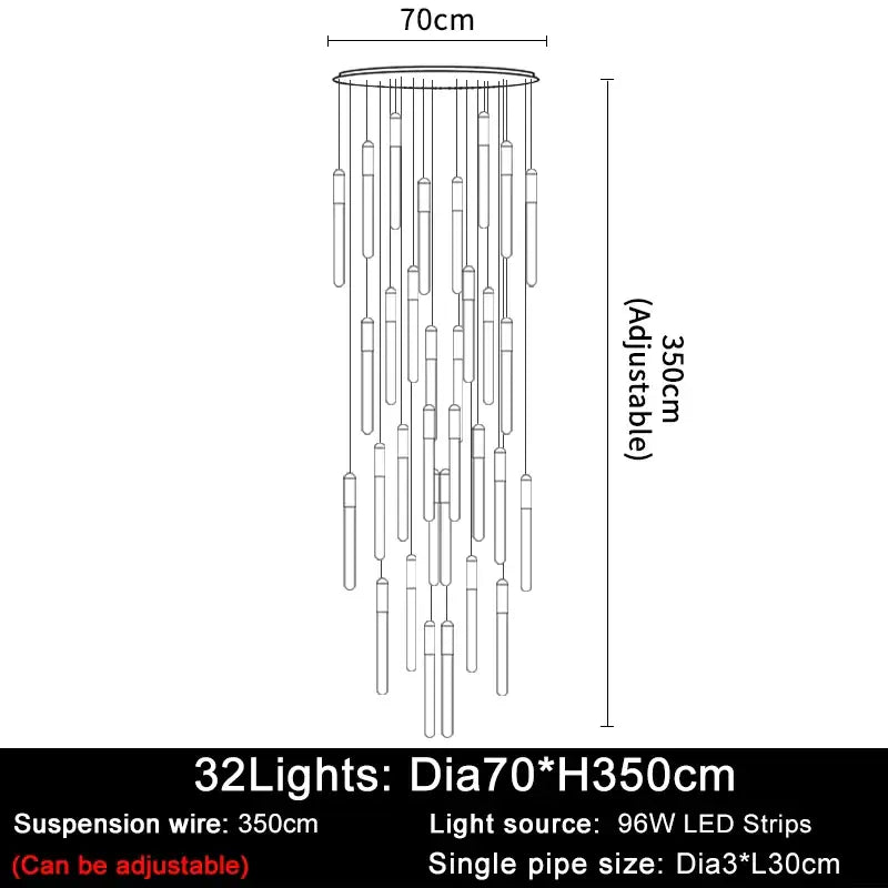 Luxury Long LED Strips Chandelier for Staircase Lobby - Dia70 H350cm / Gold NON dimm warm
