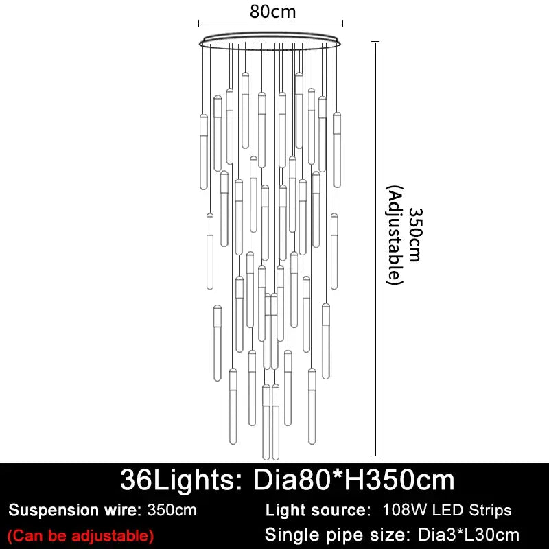 Luxury Long LED Strips Chandelier for Staircase Lobby - Dia80 H350cm / Gold NON dimm warm