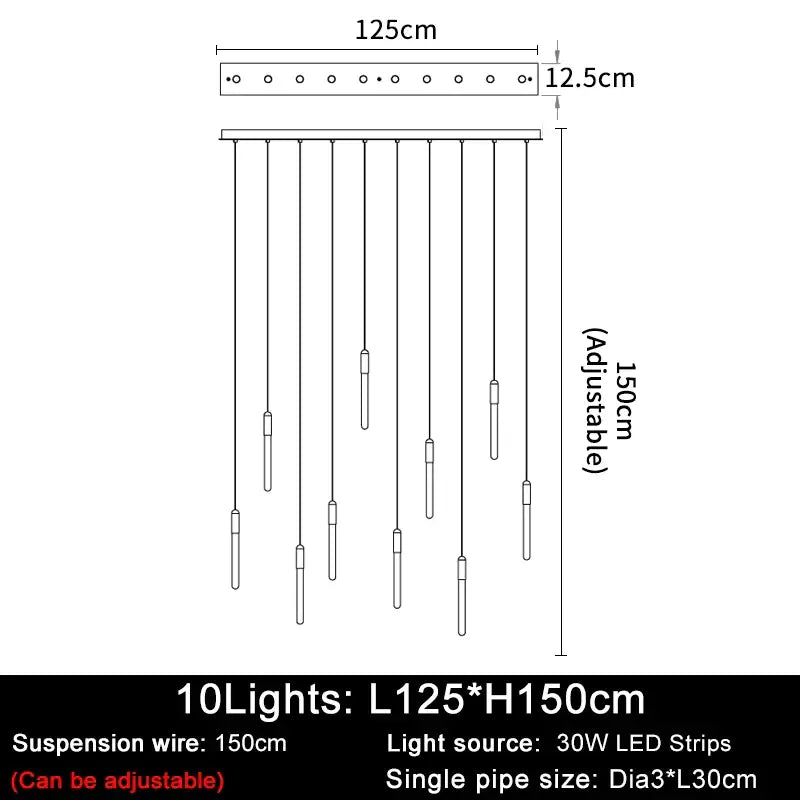 Luxury Long LED Strips Chandelier for Staircase Lobby - L125 H150cm / Gold NON dimm warm