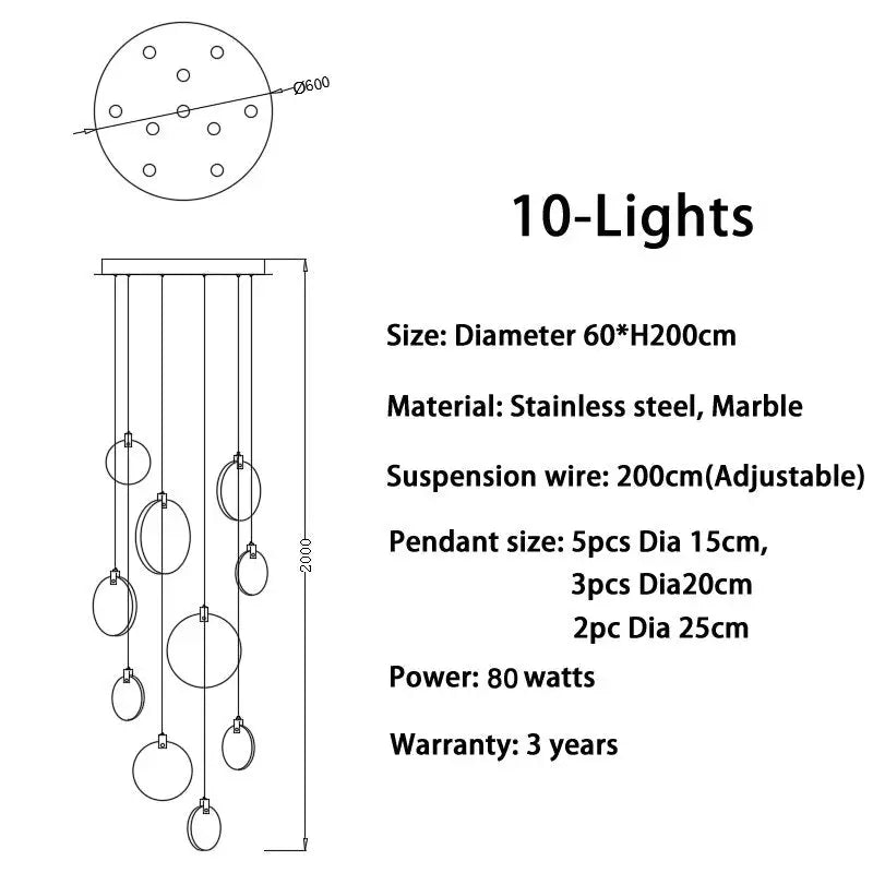 Luxury Long Marble Chandelier for Staircase Lobby Hallway - 10 lights / NOT dimm warm