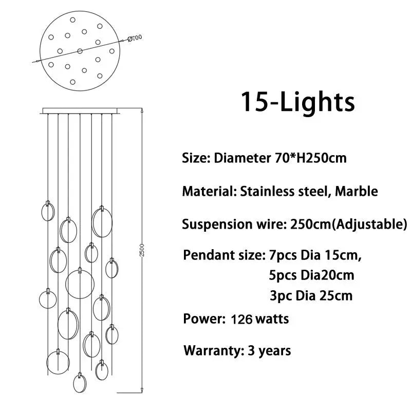 Luxury Long Marble Chandelier for Staircase Lobby Hallway - 15 lights / NOT dimm warm