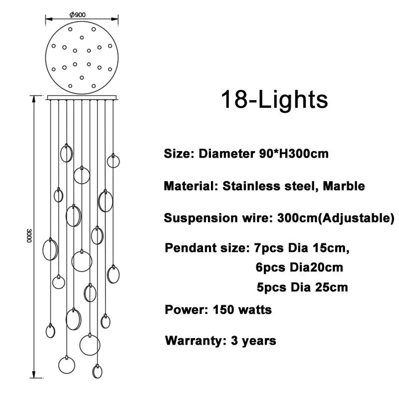 Luxury Long Marble Chandelier for Staircase Lobby Hallway - 18 lights / NOT dimm warm