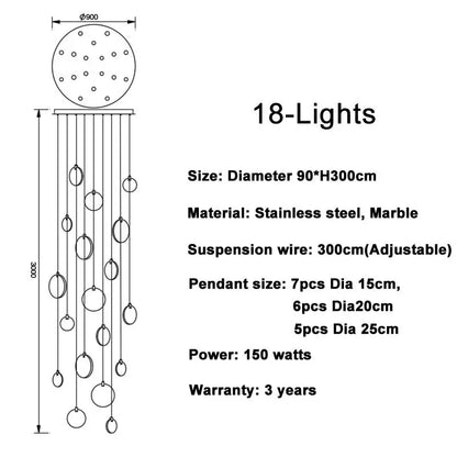 Luxury Long Marble Chandelier for Staircase Lobby Hallway - 18 lights / NOT dimm warm