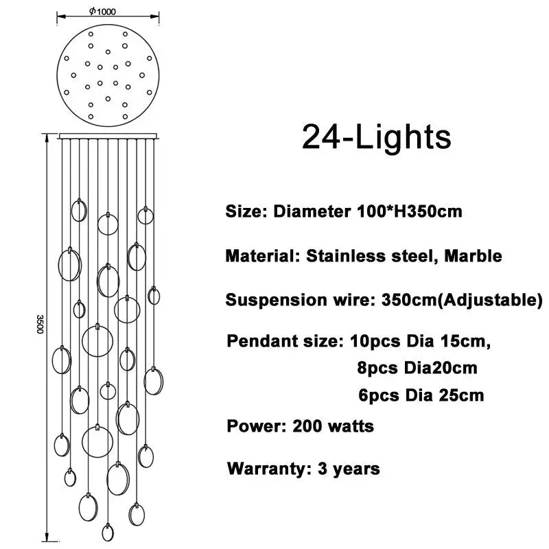 Luxury Long Marble Chandelier for Staircase Lobby Hallway - 24 lights / NOT dimm warm