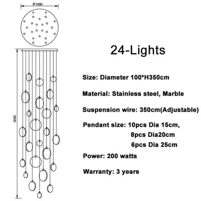 Luxury Long Marble Chandelier for Staircase Lobby Hallway - 24 lights / NOT dimm warm