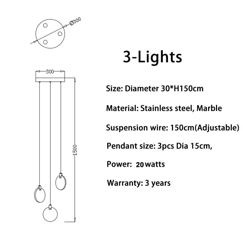 Luxury Long Marble Chandelier for Staircase Lobby Hallway - 3 lights / NOT dimm warm light