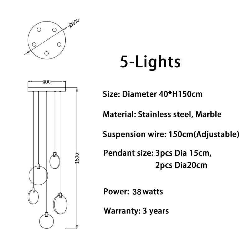 Luxury Long Marble Chandelier for Staircase Lobby Hallway - 5 lights / NOT dimm warm light