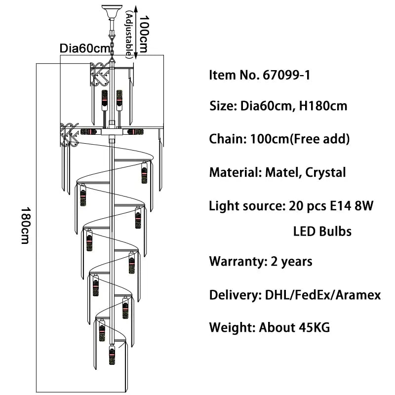 Luxury Long Spira Crystal Chandelier for Staircase Hall Living - Dia60 H180cm / Not dimm