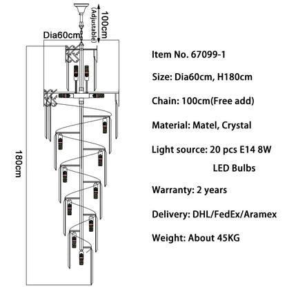 Luxury Long Spira Crystal Chandelier for Staircase Hall Living - Dia60 H180cm / Not dimm