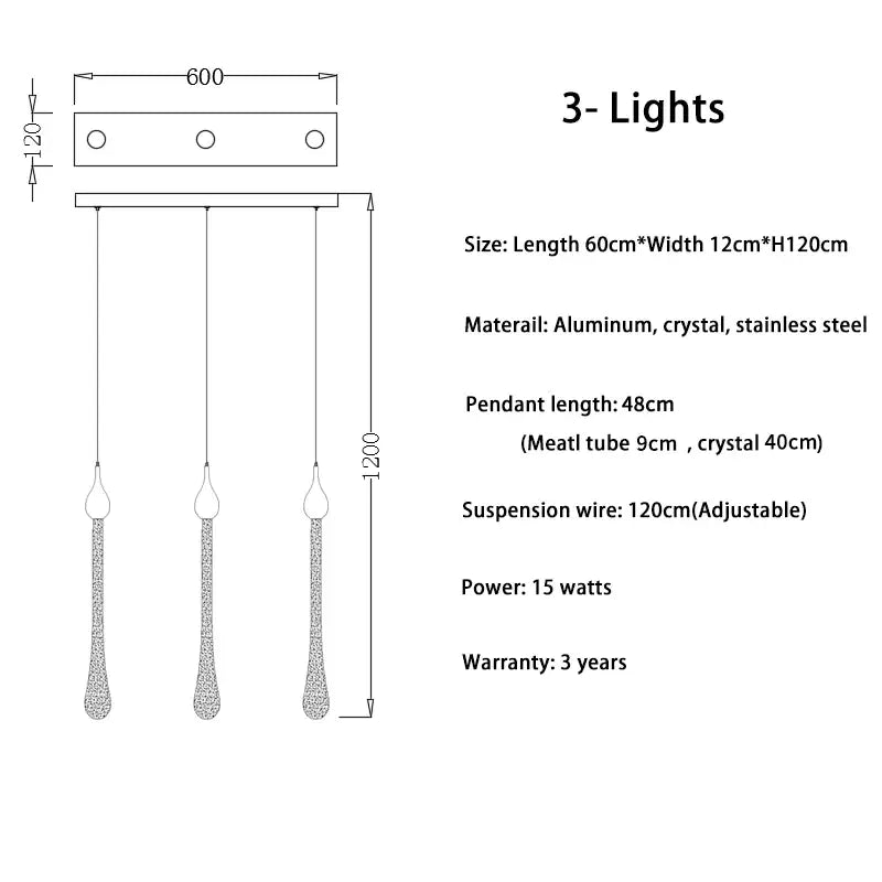 Luxury Long Water Drop Hanging Chandelier for Staircase Hallway - 3 lights / NON dimm