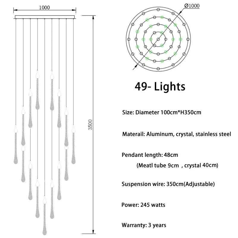 Luxury Long Water Drop Hanging Chandelier for Staircase Hallway - 49 lights / NON dimm