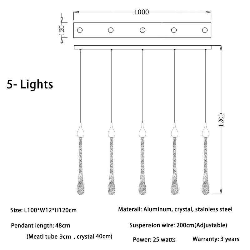 Luxury Long Water Drop Hanging Chandelier for Staircase Hallway - 5 lights / NON dimm