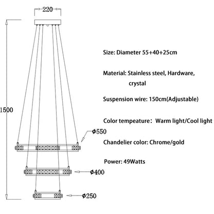 Luxury Ring LED Crystal Chandelier for Staircase Living - Dia25x40x55cm / Chrome NON dimm