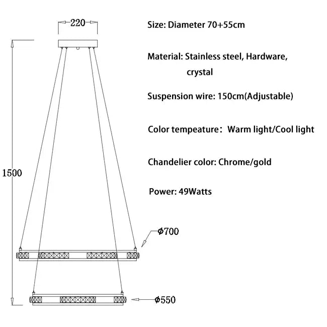 Luxury Ring LED Crystal Chandelier for Staircase Living - Dia70x55cm / Chrome NON dimm