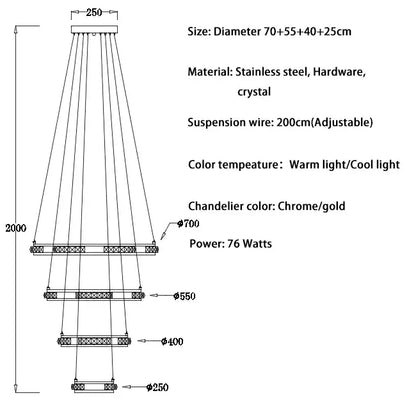 Luxury Ring LED Crystal Chandelier for Staircase Living - Dia70x55x40x25cm / Chrome NON