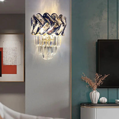 Luxury Smoky Gray Crystal Wall Sconce for Bedside Bedroom - Sconces