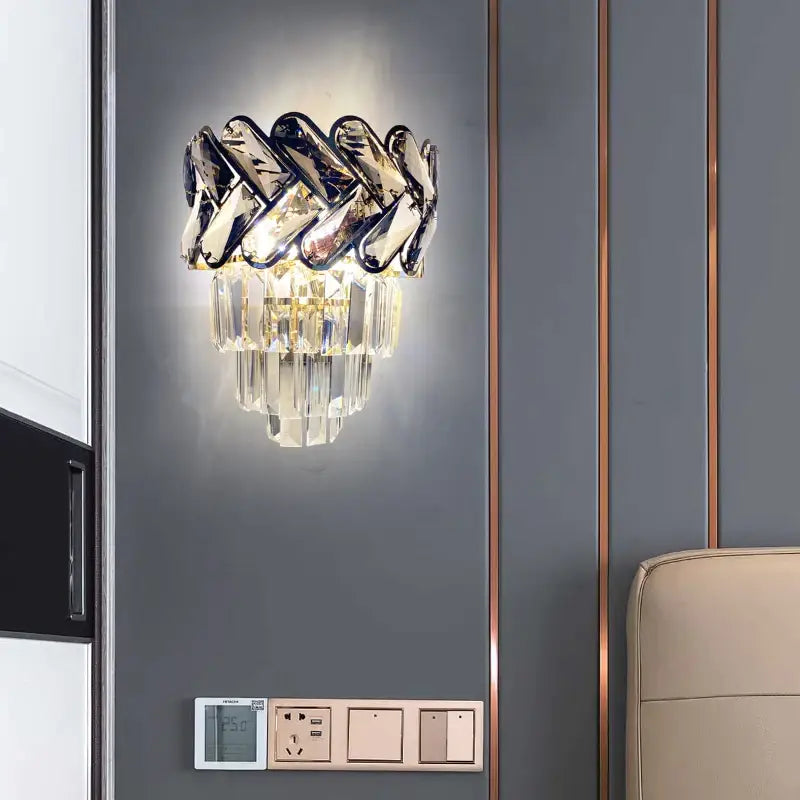 Luxury Smoky Gray Crystal Wall Sconce for Bedside Bedroom - Sconces